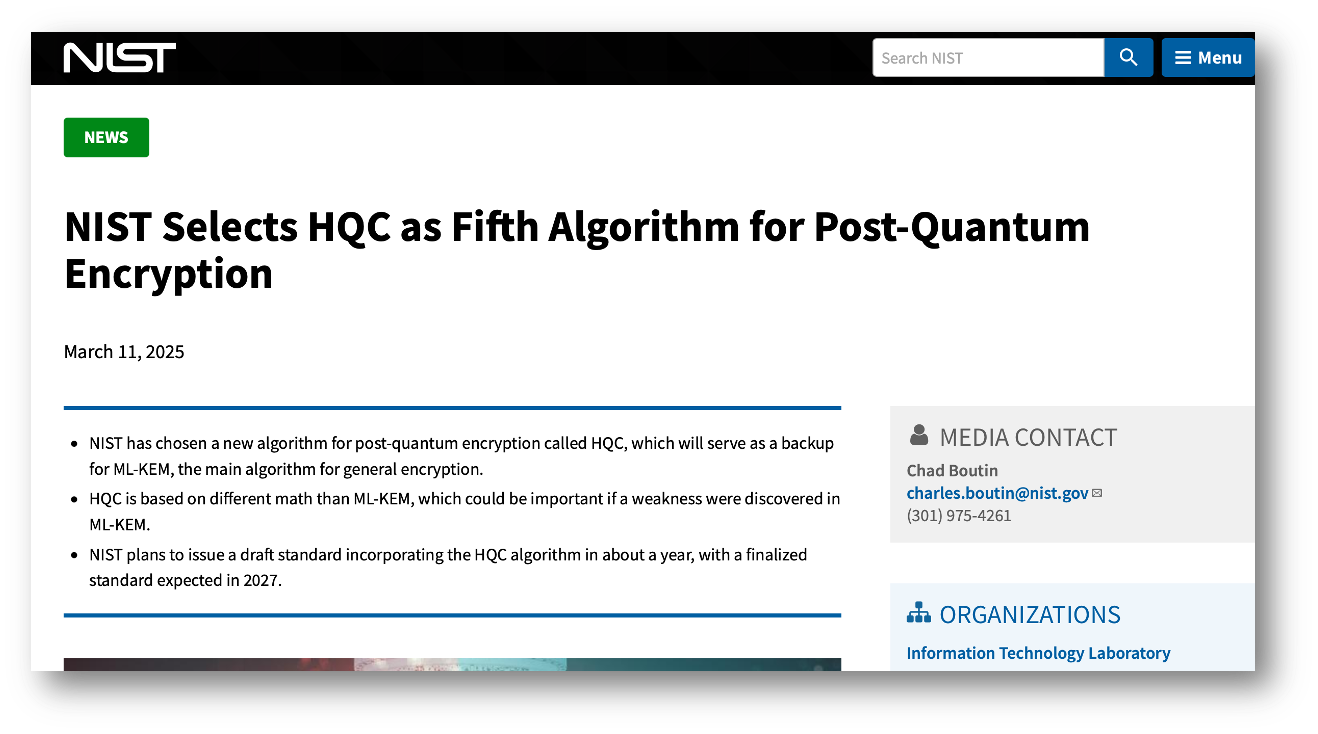 Post-Quantum Cryptography Algorithms: NIST Selects HQC
